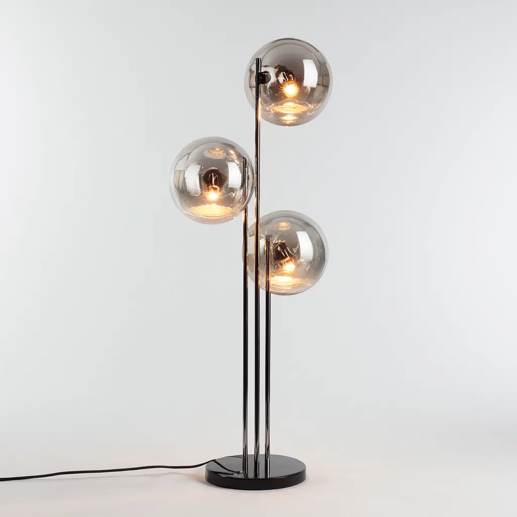 Lampadaire - métal-verre - 45x45x160 cm - noir-chrome - design moderne à trois globes en verre fumé-Snugure