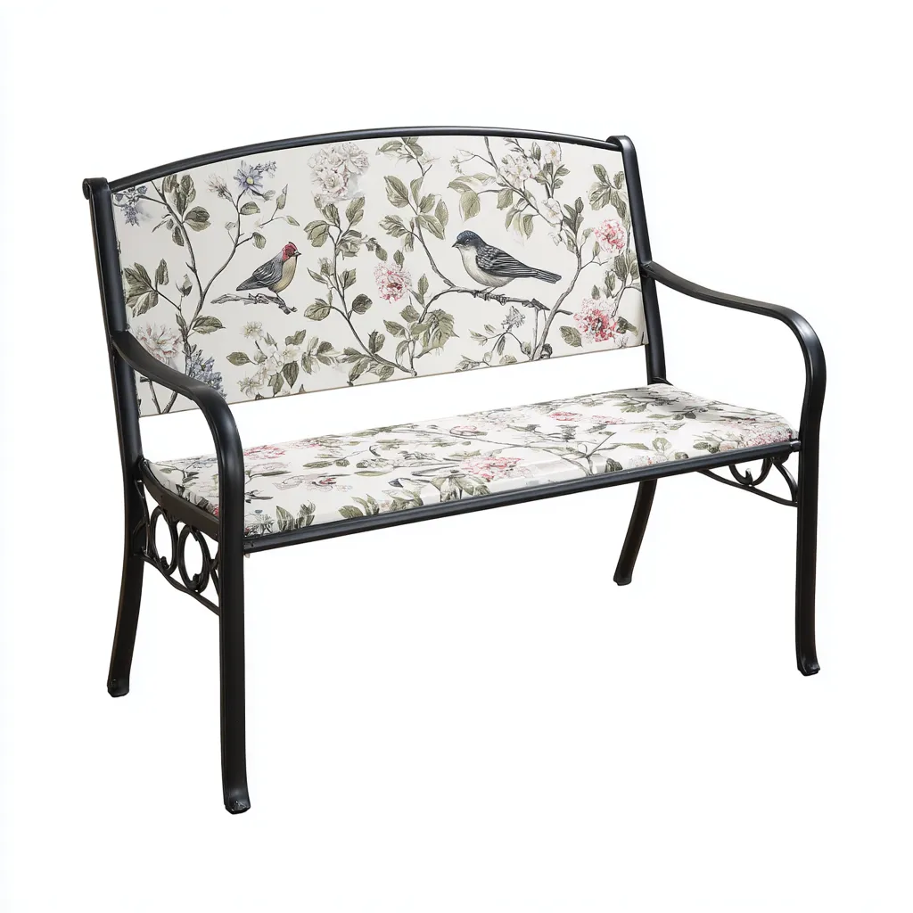 Banc de jardin - acier-tissu - 120x60x80 cm - beige-noir - style floral-Snugure