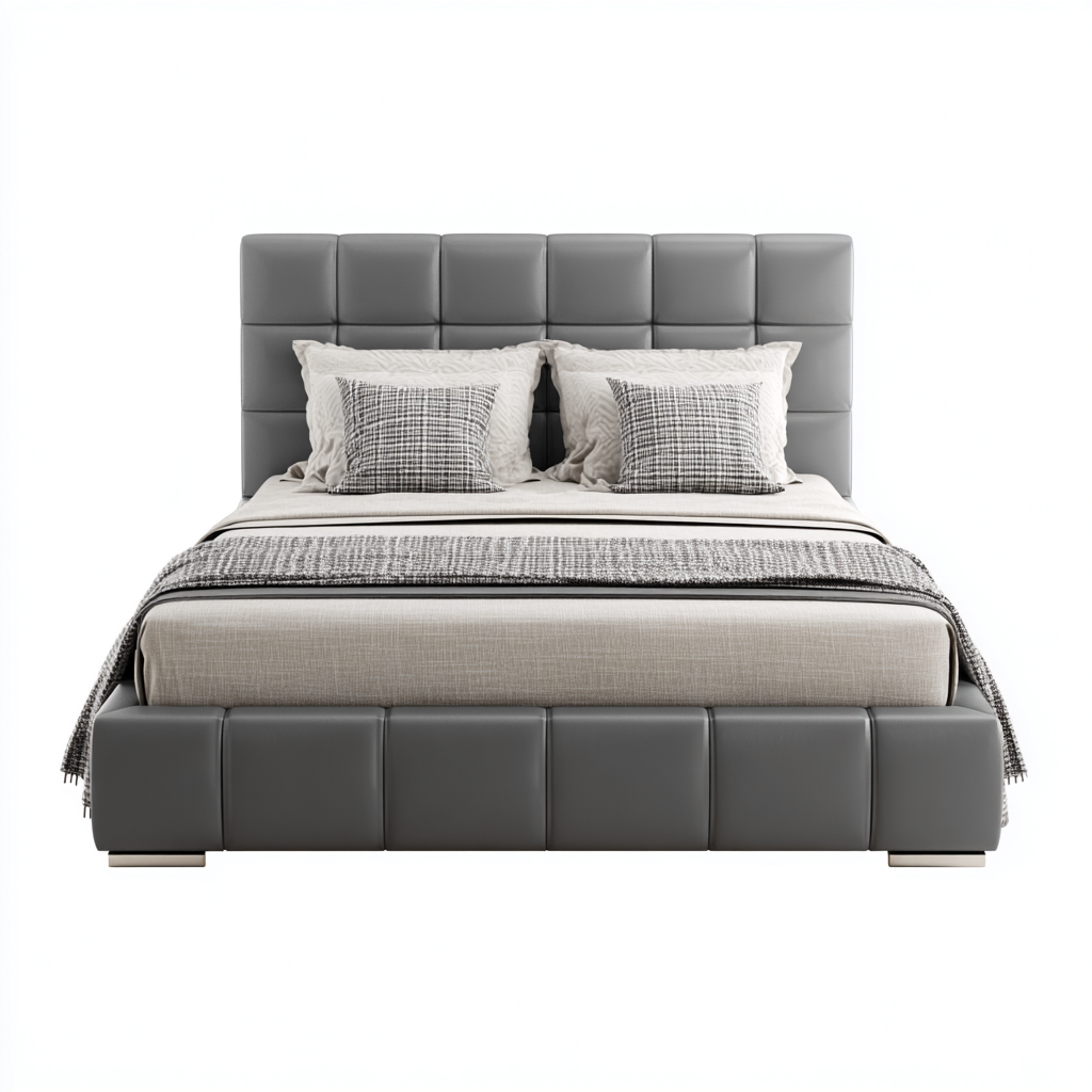 Lit double - cuir-bois - 200x160x110 cm - gris - design capitonné moderne-Snugure