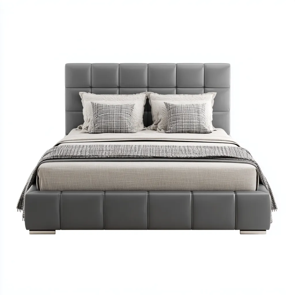 Lit double - cuir-bois - 200x160x110 cm - gris - design capitonné moderne-Snugure