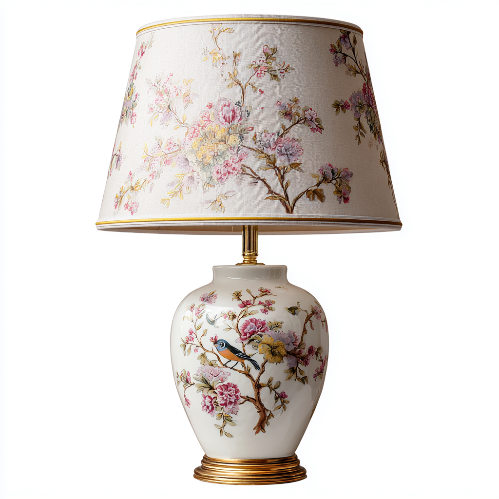 Lampe de table - céramique-métal-tissu - 34x34x60 cm - beige-multicolore - style vintage romantique-Snugure