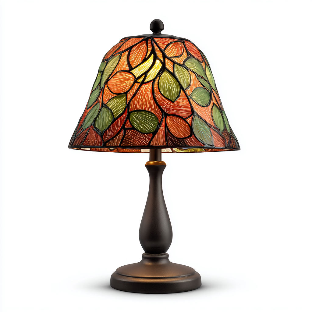 Lampe de table - verre-vitrail-métal - 27x27x45 cm - vert-orange - style Tiffany feuillage-Snugure