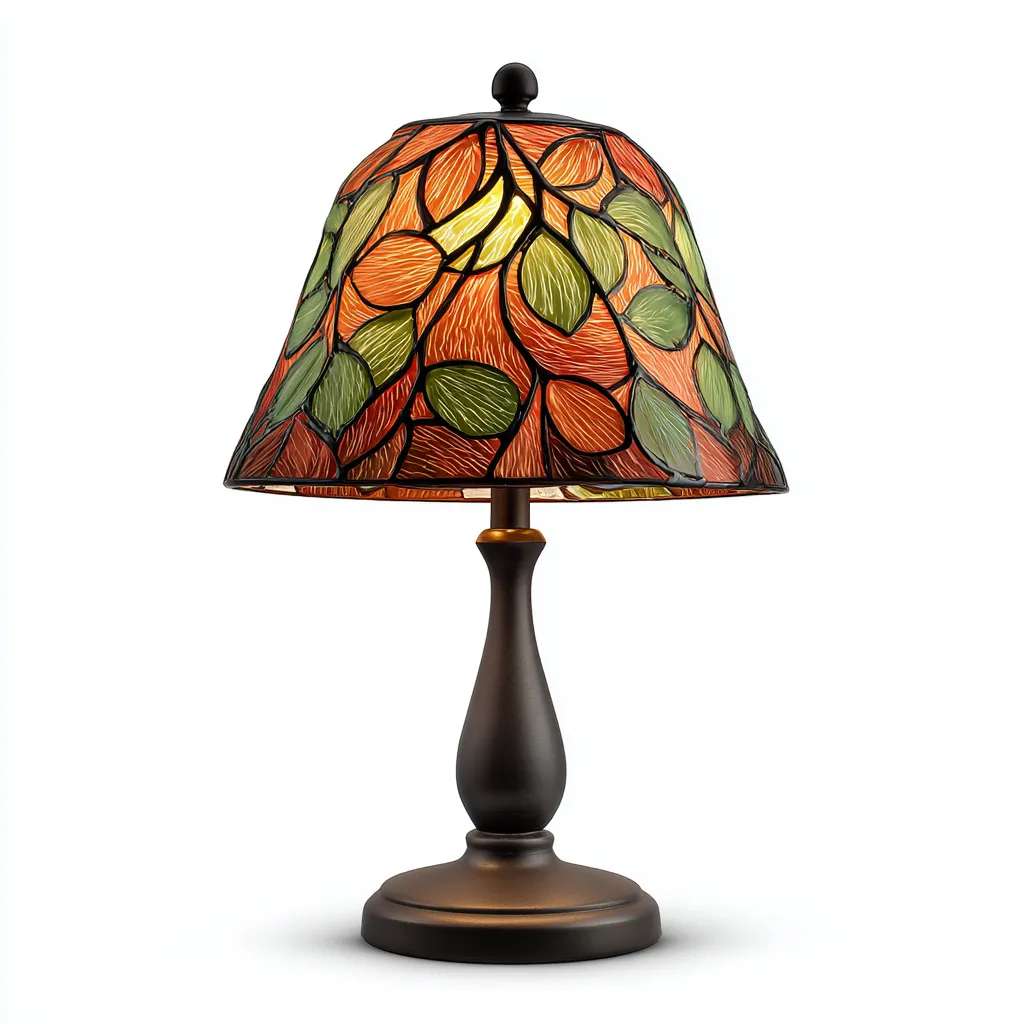 Lampe de table - verre-vitrail-métal - 27x27x45 cm - vert-orange - style Tiffany feuillage-Snugure