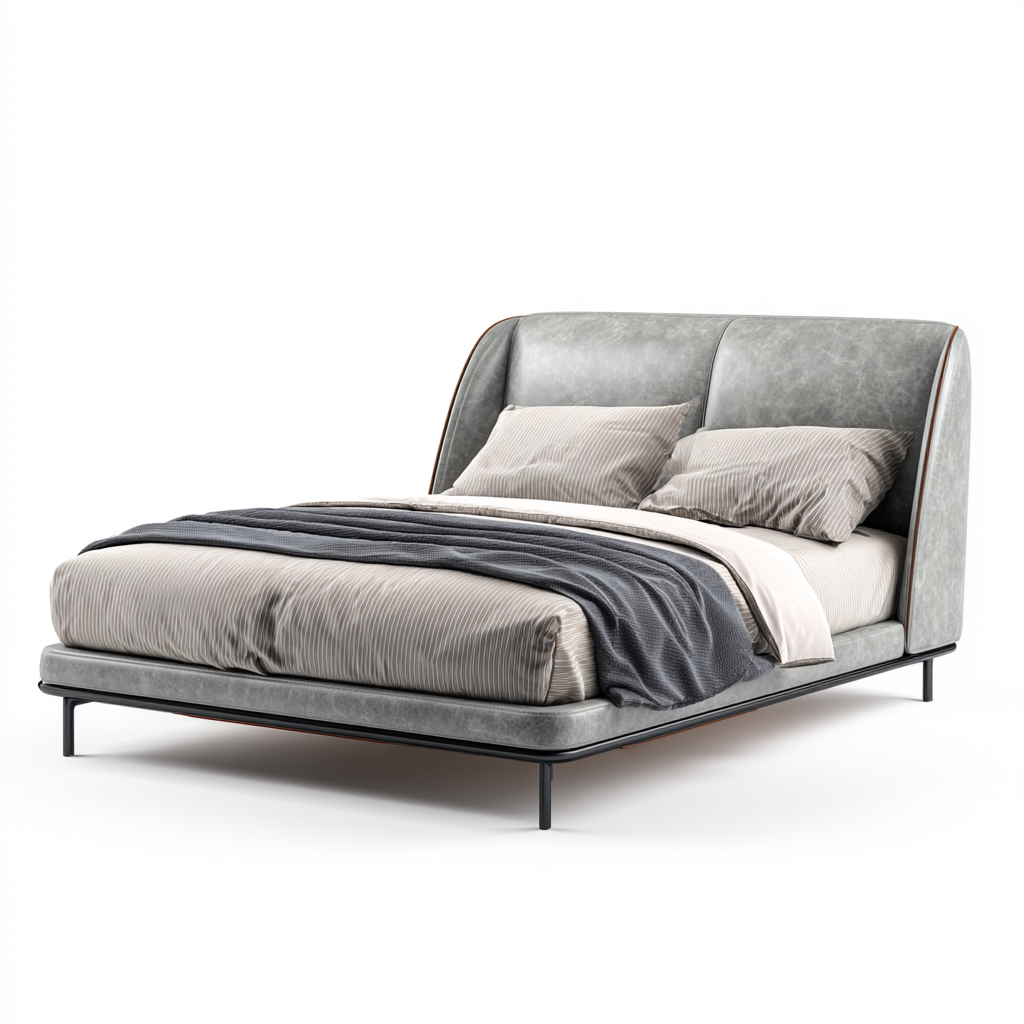 Lit double - cuir-métal - 200x160x100 cm - gris clair - design contemporain incurvé-Snugure