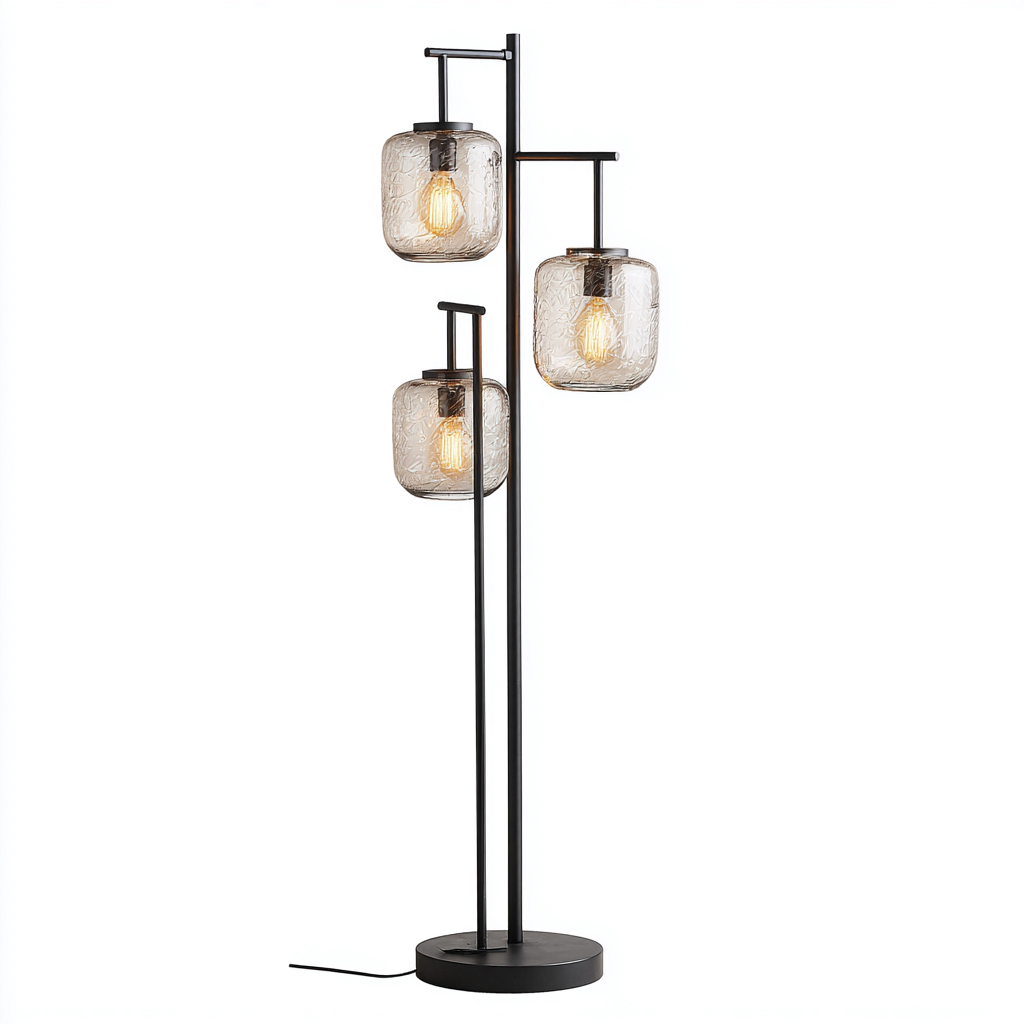 Lampadaire - métal-verre - 45x35x165 cm - noir-translucide - design industriel à trois abat-jour en verre martelé-Snugure