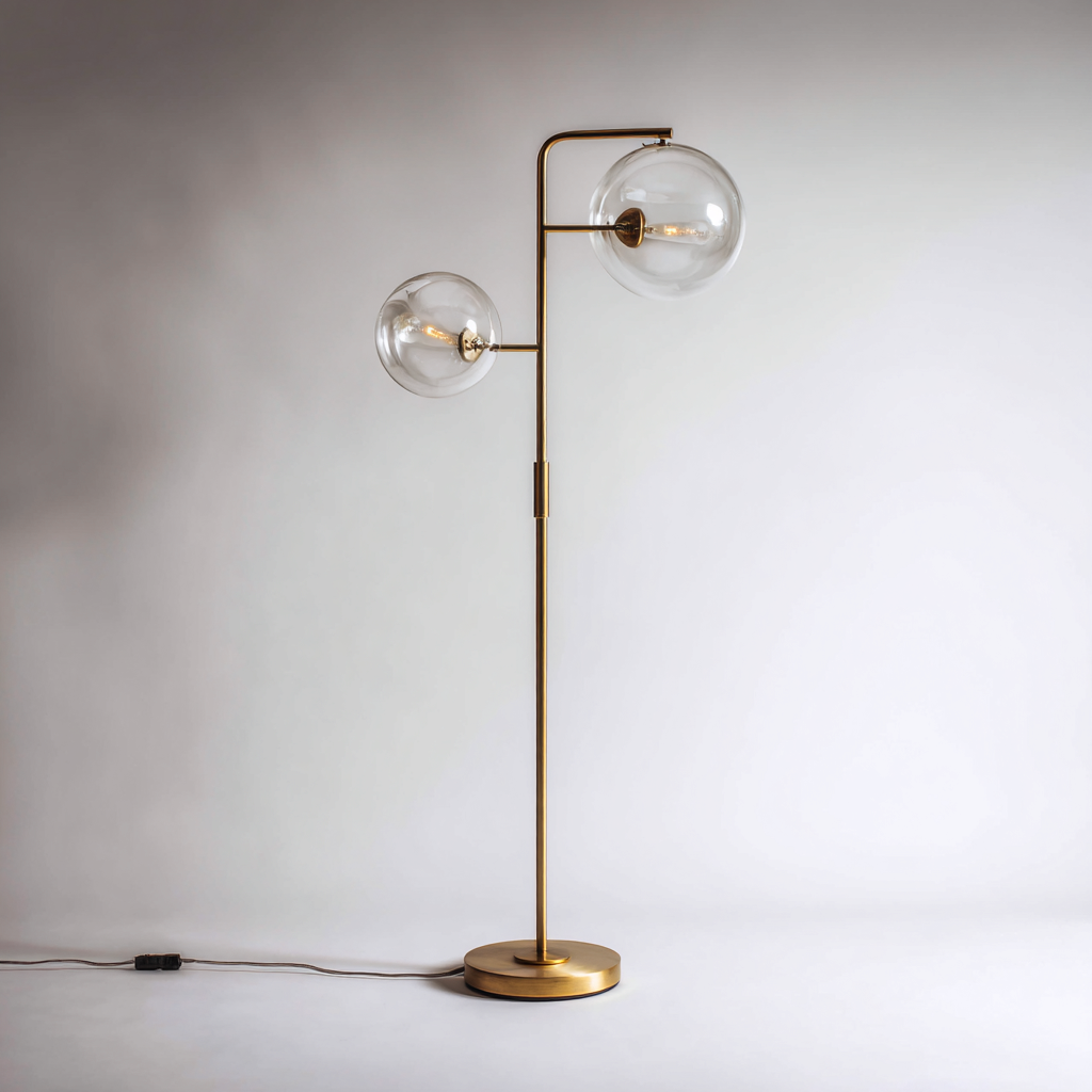 Lampadaire - métal-doré-verre - 45x30x165 cm - transparent - style moderne - double abat-jour sphérique-Snugure