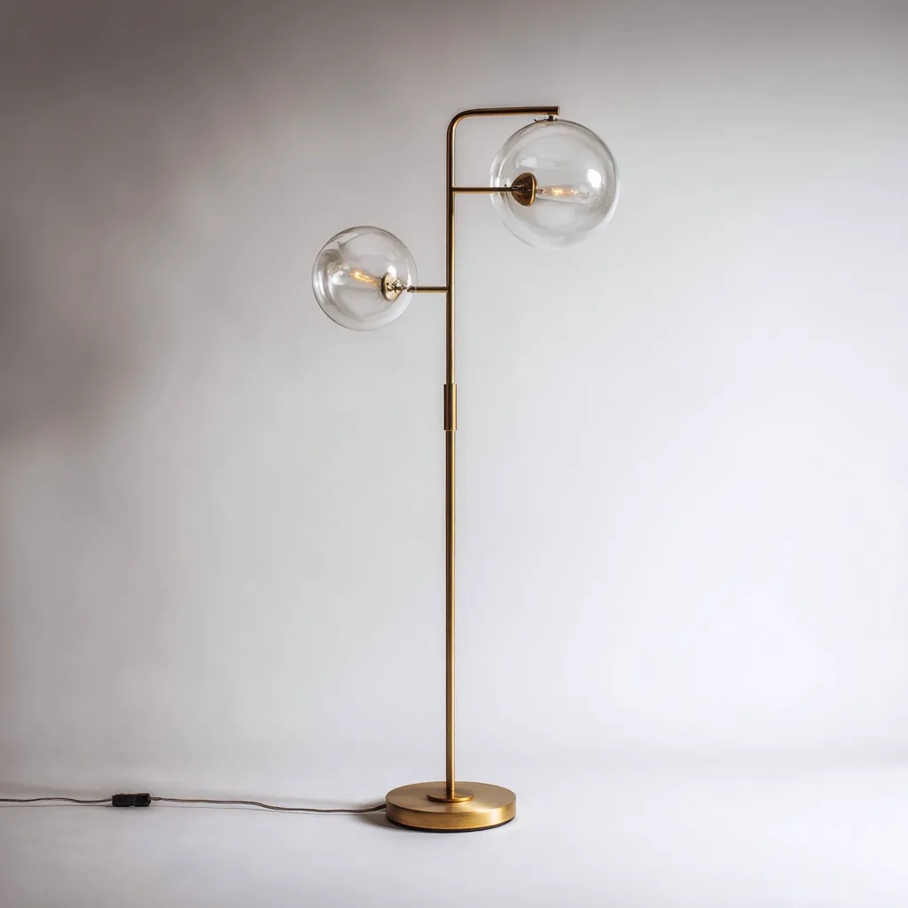 Lampadaire - métal-doré-verre - 45x30x165 cm - transparent - style moderne - double abat-jour sphérique-Snugure