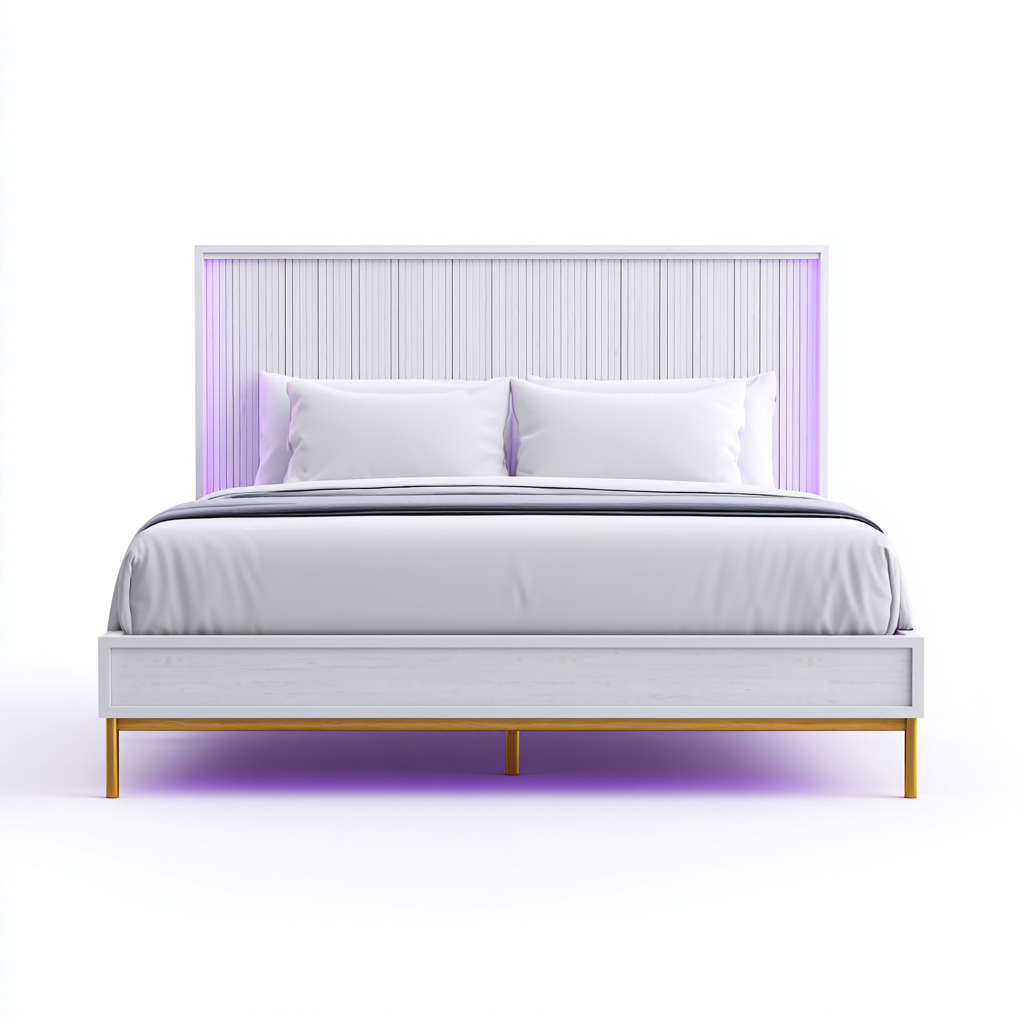 Lit double - bois - 205x165x110 cm - blanc - style moderne avec éclairage LED-Snugure
