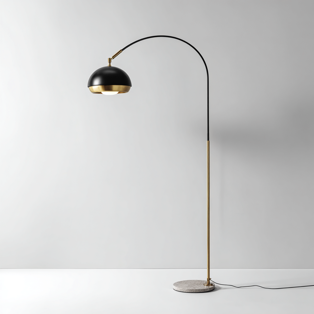 Lampadaire - métal-laiton-marbre - 40x32x175 cm - noir-doré-gris - design moderne avec bras arqué et base en marbre-Snugure