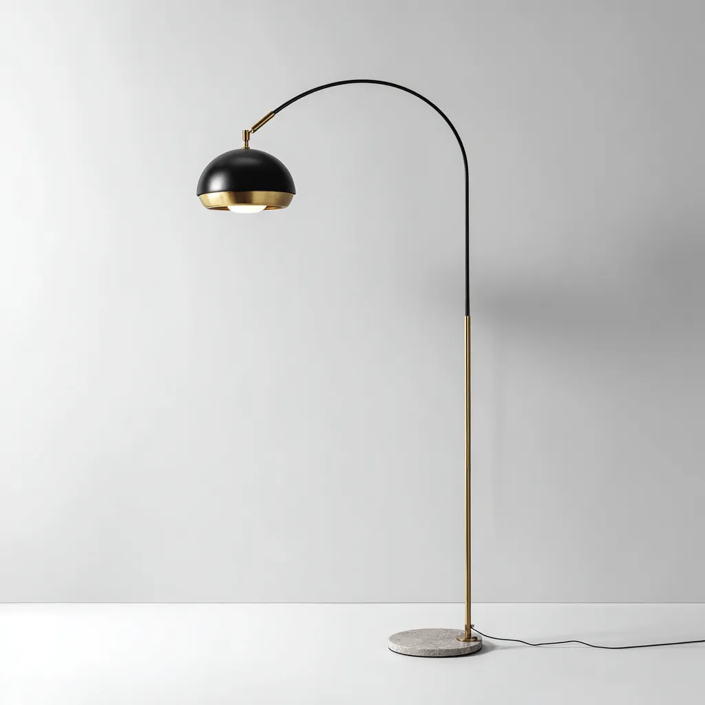 Lampadaire - métal-laiton-marbre - 40x32x175 cm - noir-doré-gris - design moderne avec bras arqué et base en marbre-Snugure