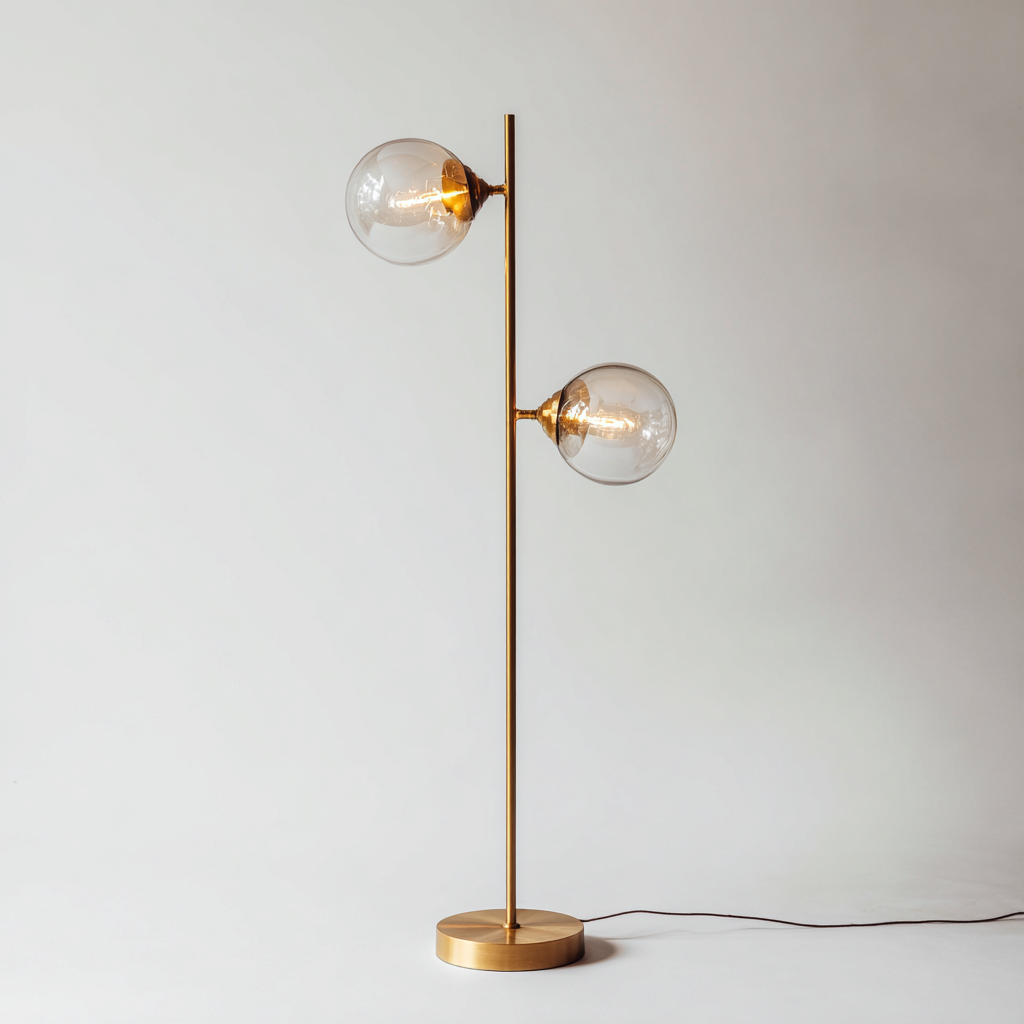 Lampadaire - métal-doré-verre - 42x30x165 cm - transparent - style moderne - double abat-jour sphérique-Snugure