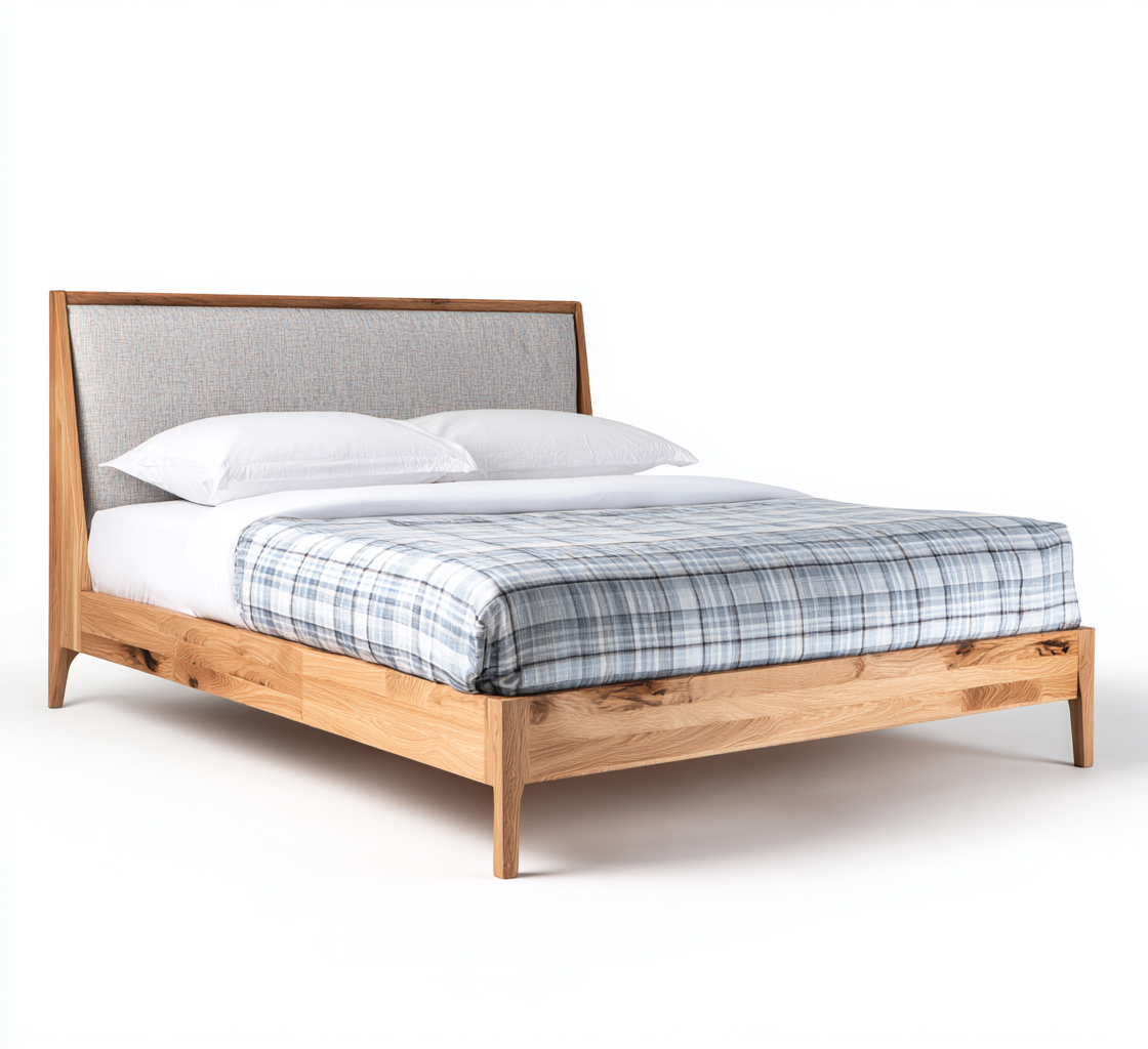 Lit double - chêne massif-tissu - 200x160x110 cm - chêne clair-gris clair - style nordique contemporain-Snugure