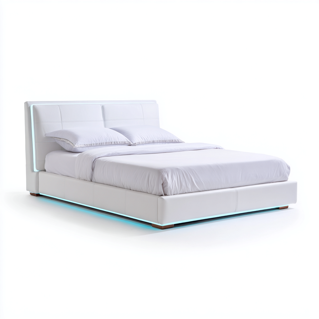 Lit double - cuir synthétique - 210x180x105 cm - blanc - style moderne avec éclairage LED-Snugure