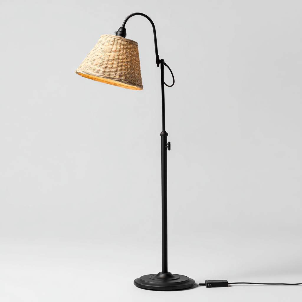 Lampadaire - métal-rotin - 35x45x155 cm - noir-naturel - design bohème avec abat-jour tressé-Snugure