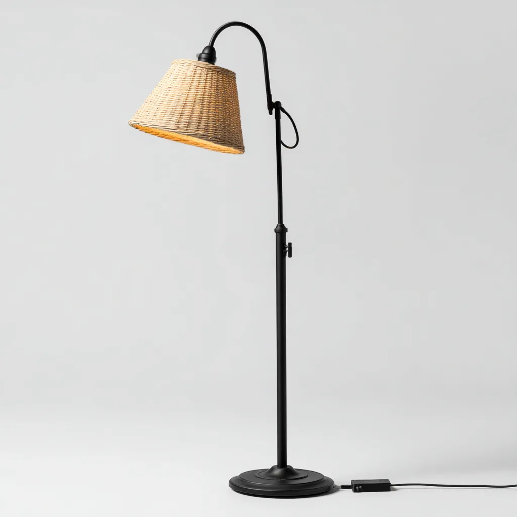 Lampadaire - métal-rotin - 35x45x155 cm - noir-naturel - design bohème avec abat-jour tressé-Snugure