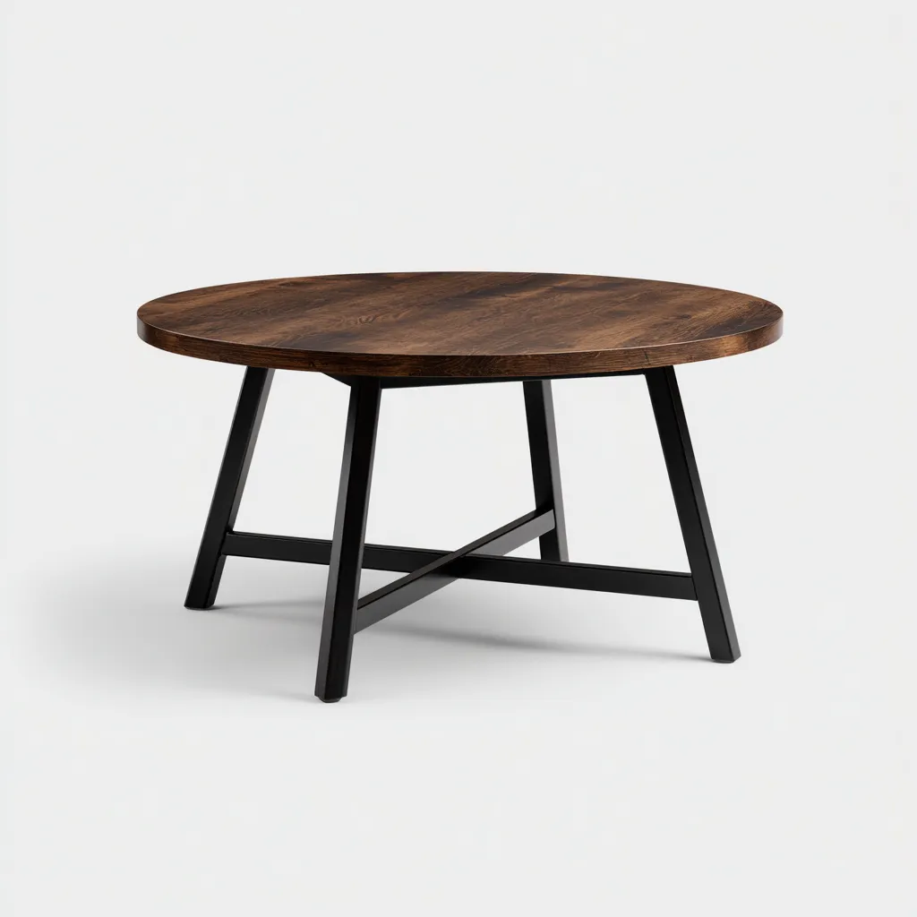 Table de jardin - bois massif-acier - 110x110x45 cm - brun foncé-noir - ronde à structure croisée-Snugure