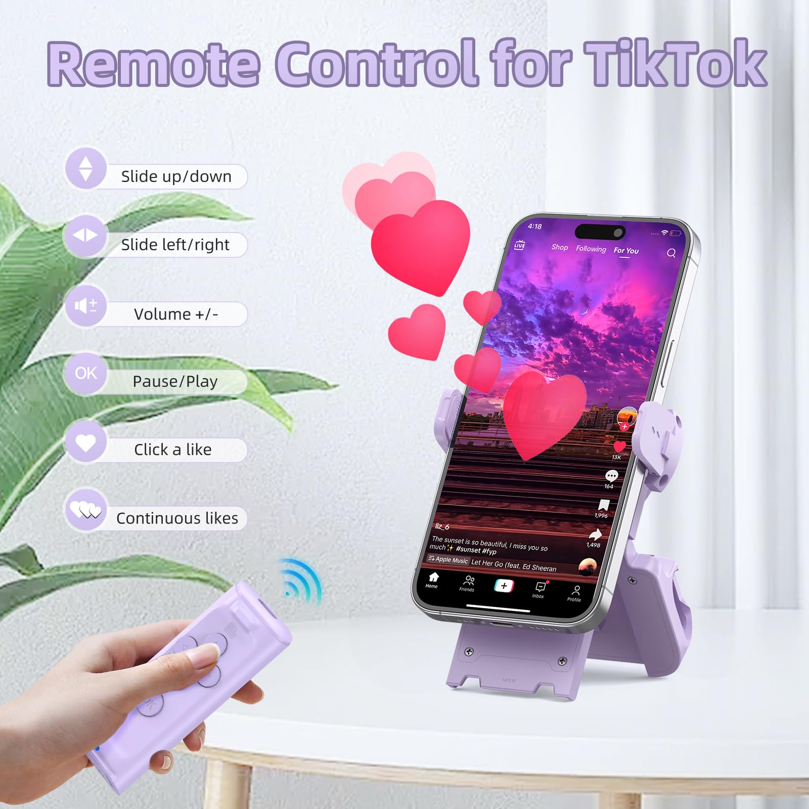 Remote Control Scrolling for Tiktok with Phone Stand,Page Turner for Kindle App E-Book,Bluetooth Camera Shutter Remote for iPhone, Android,iOS,iPad,Tablet (Purple)