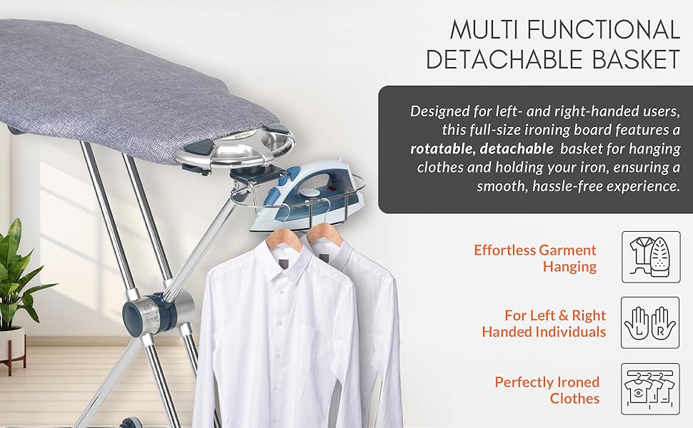 Dazzl 360 ironing board with detachable basket for iron and clothes, ideal for all users