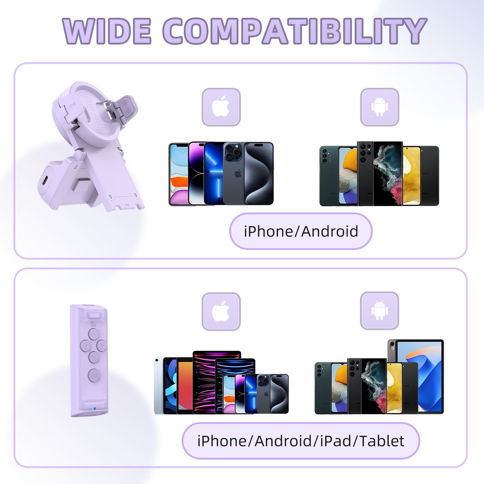 Remote Control Scrolling for Tiktok with Phone Stand,Page Turner for Kindle App E-Book,Bluetooth Camera Shutter Remote for iPhone, Android,iOS,iPad,Tablet (Purple)