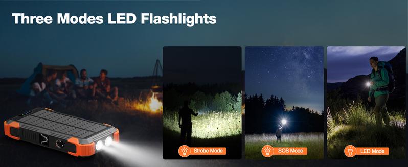 Sudrov 42800 mAh Solar Charger Power Bank Wireless Charger Built in 4 Cables 7 Outputs 15 Watts Fast Charging Power Bank for All Mobile Devices 3 Inputs Solar Portable Charger with Dual Flashlights, Carabiner and Thermometer