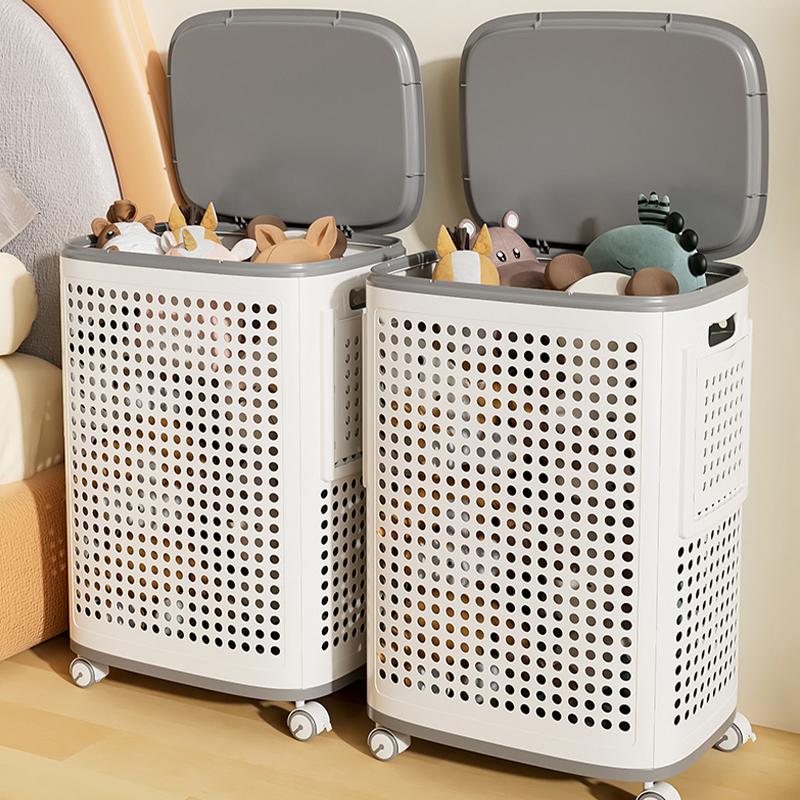 Laundry Basket with Wheels, White & Gray, Ventilated & Odor-Resistant