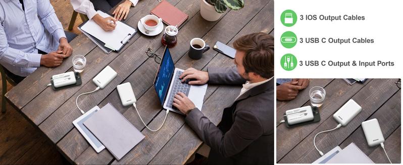 GOODaaa Family Power Hub with 180 DIY Stickers Home Power Bank 3-Pack 10000mAh Portable Charger Built-in Cables for All Mobile Devices USB Type-C Input Output for Home Office Travel