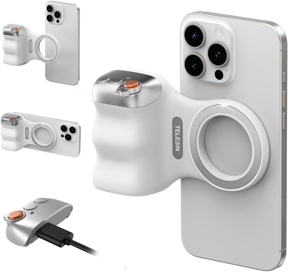 TELESIN Fun Shot Magnetic Phone Camera DSLR Style Shutter Grip for iPhone & Android with Anti-Drop Detachable Wireless Shutter Button - 1/4" Screw - Comfort Ergonomic Camera Grip Handle Holder