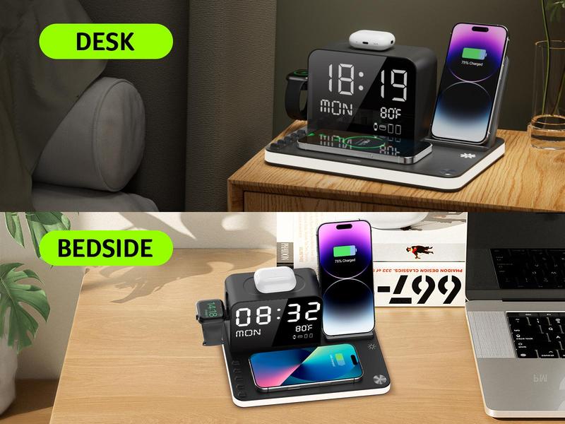 Acer 7 in 1 Wireless Charging Station with Fast Wireless Charger, LED Night Light, Bluetooth Time Sync Clock & Temperature Display, USB-A & USB-C, Magnetic MagSafe &ndash; for iPhone, Android Phone, Apple Watch & AirPods, Gift