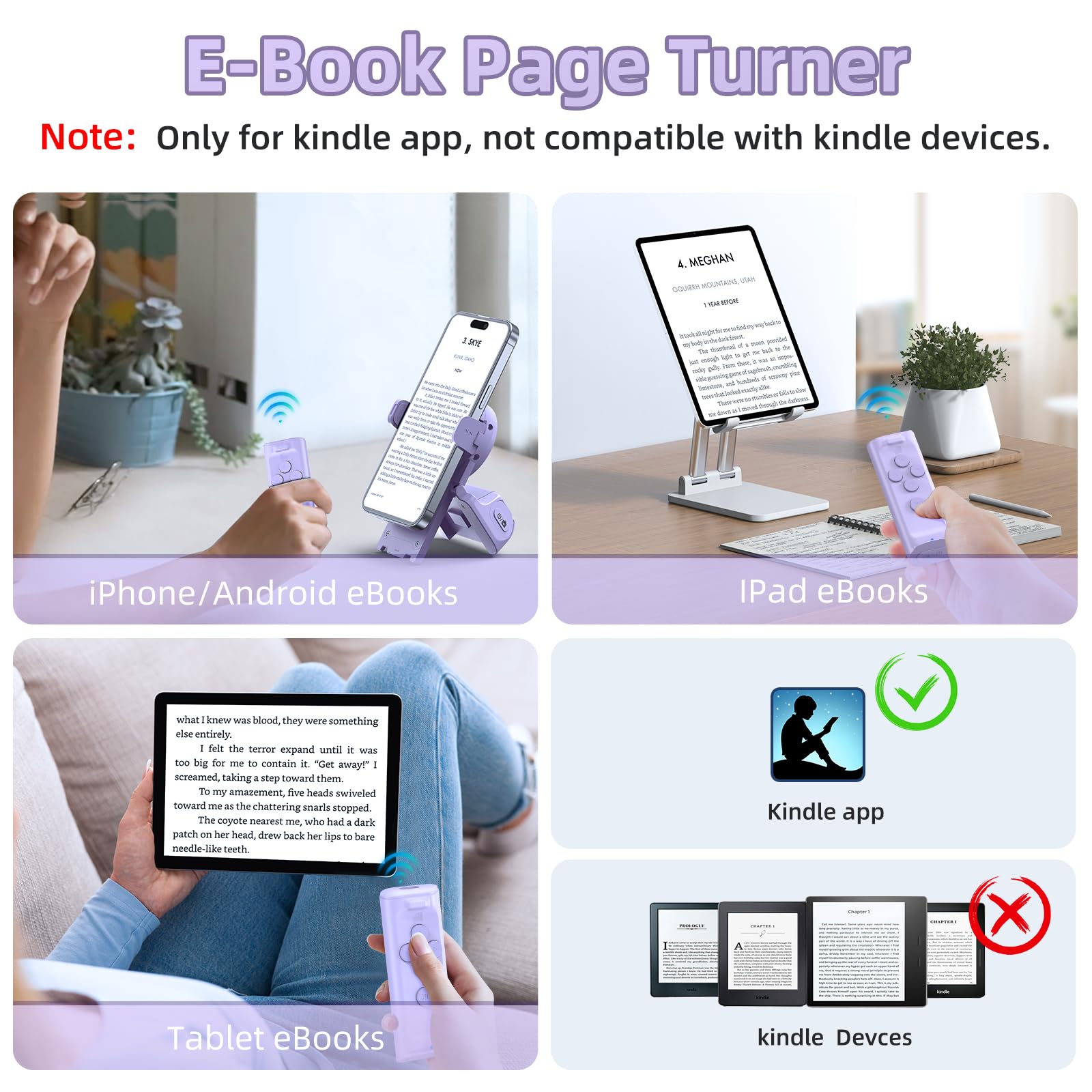 Remote Control Scrolling for Tiktok with Phone Stand,Page Turner for Kindle App E-Book,Bluetooth Camera Shutter Remote for iPhone, Android,iOS,iPad,Tablet (Purple)