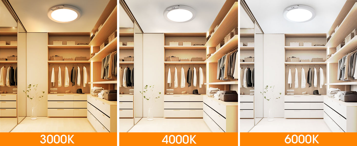 Closet interior lighting comparison showing three color temperature options: 3000K, 4000K, and 6000K, demonstrating increasing brightness and cooler tones.