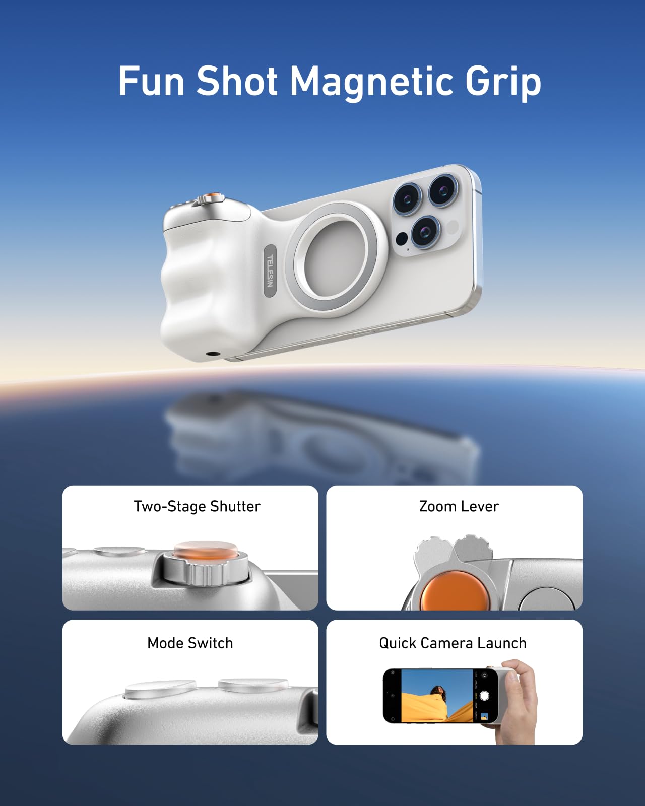 TELESIN Fun Shot Magnetic Phone Camera DSLR Style Shutter Grip for iPhone & Android with Anti-Drop Detachable Wireless Shutter Button - 1/4" Screw - Comfort Ergonomic Camera Grip Handle Holder