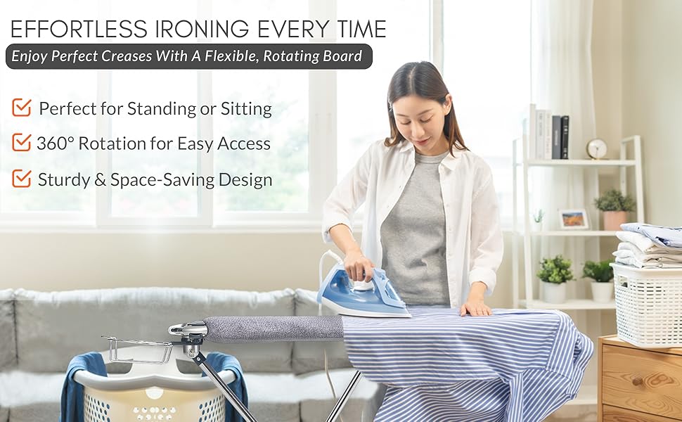 Woman ironing shirt on Dazzl 360° board with space-saving, rotating, and adjustable design