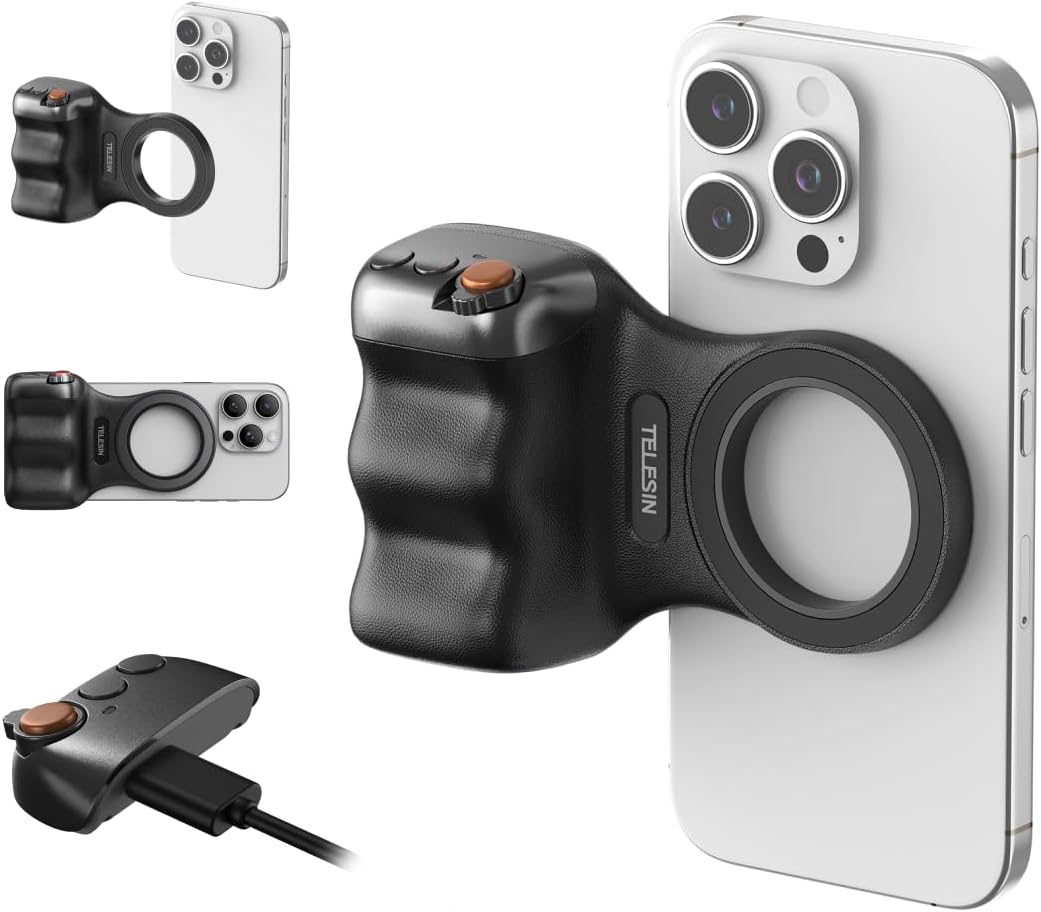 TELESIN Fun Shot Magnetic Phone Camera DSLR Style Shutter Grip for iPhone & Android with Anti-Drop Detachable Wireless Shutter Button - 1/4" Screw - Comfort Ergonomic Camera Grip Handle Holder