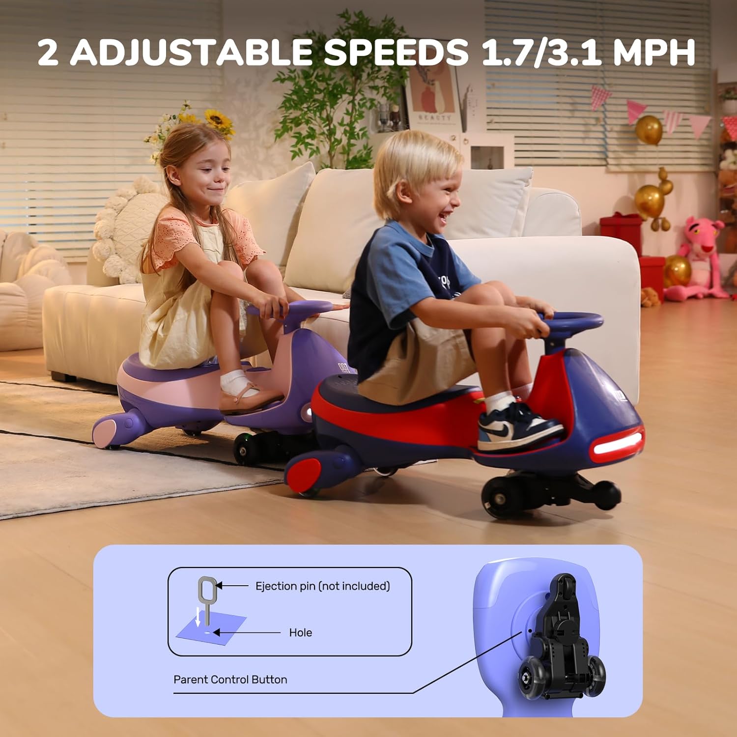 N7 Classic Electric Wiggle Car with Pedal, Rechargeable Battery, Ride on Toys, Swing Car, 2 Speeds, Anti-Rollover, Flashing Light Wheels, Bluetooth, for Ages 3 and Up, 150 Lbs, Pink