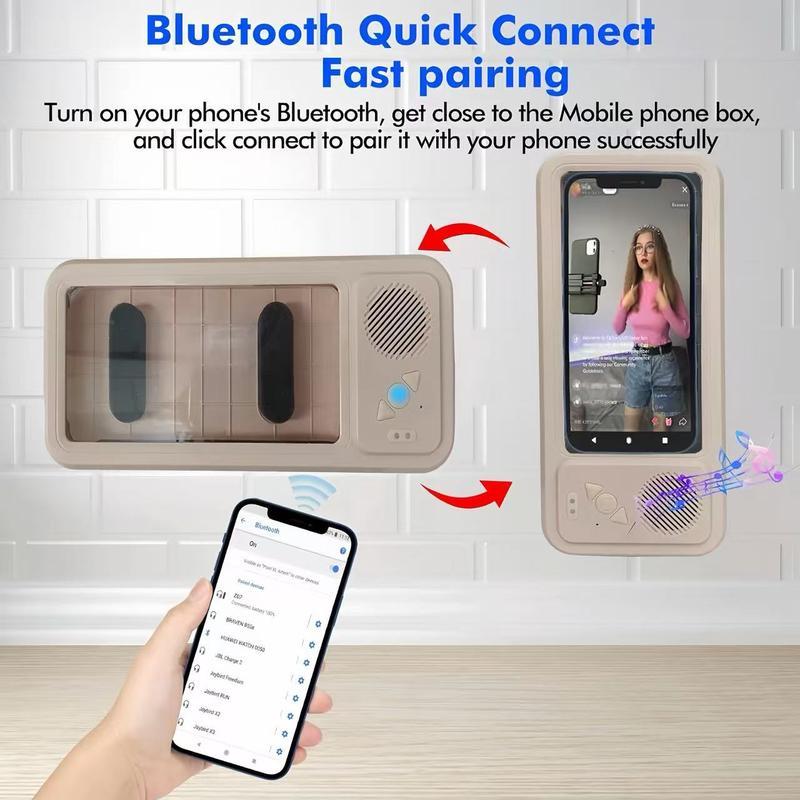 Bathroom shower waterproof phone holder Bluetooth speaker 360&deg;Rotation touch screen mobile phone box watch movie listening music