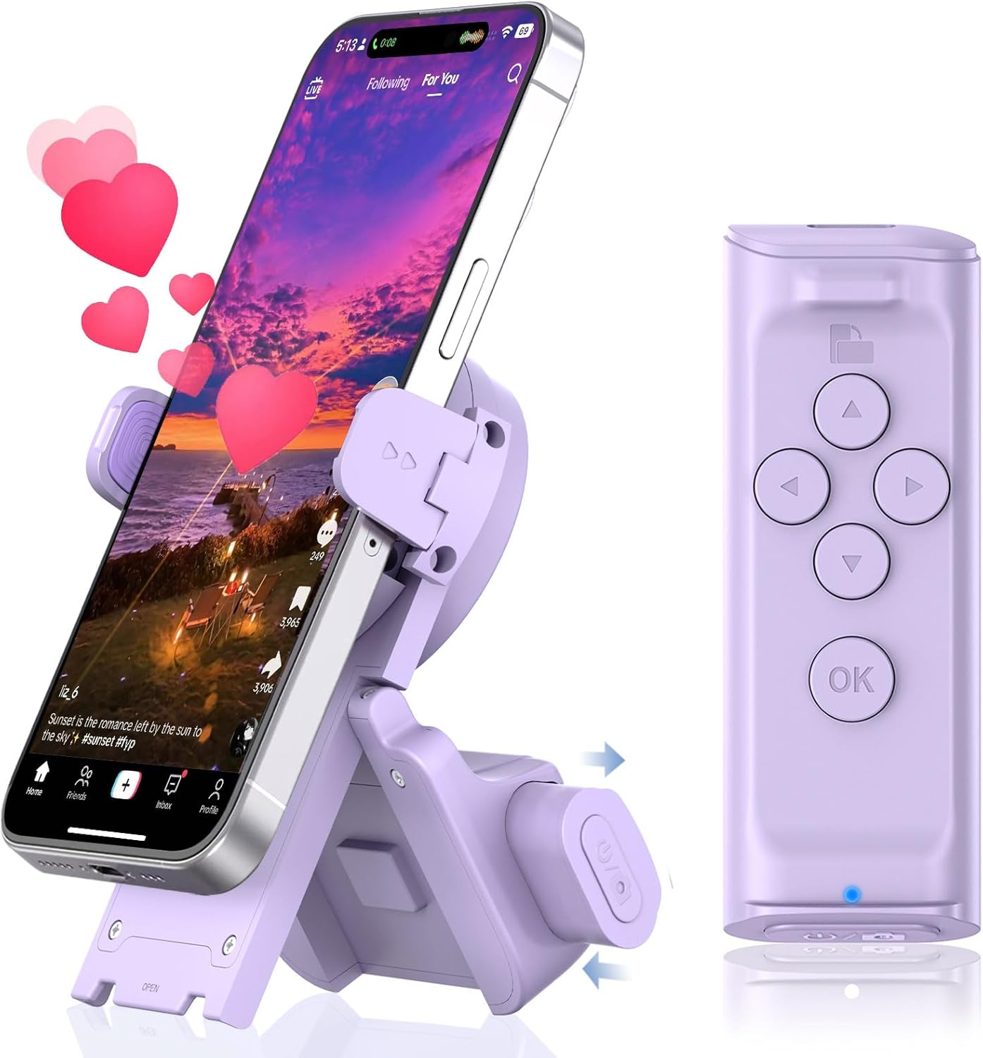Remote Control Scrolling for Tiktok with Phone Stand,Page Turner for Kindle App E-Book,Bluetooth Camera Shutter Remote for iPhone, Android,iOS,iPad,Tablet (Purple)