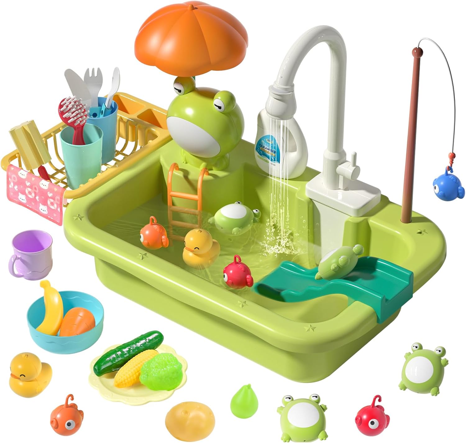 ⏰ LAST DAY 60% OFF 💥 Play Sink with Running Water, Kitchen Sink Toys with Upgraded Electric Faucet, Play Kitchen Toy Accessories, Pool Floating Fishing Toys for Water Play, Kids Role Play Dishwasher Toy