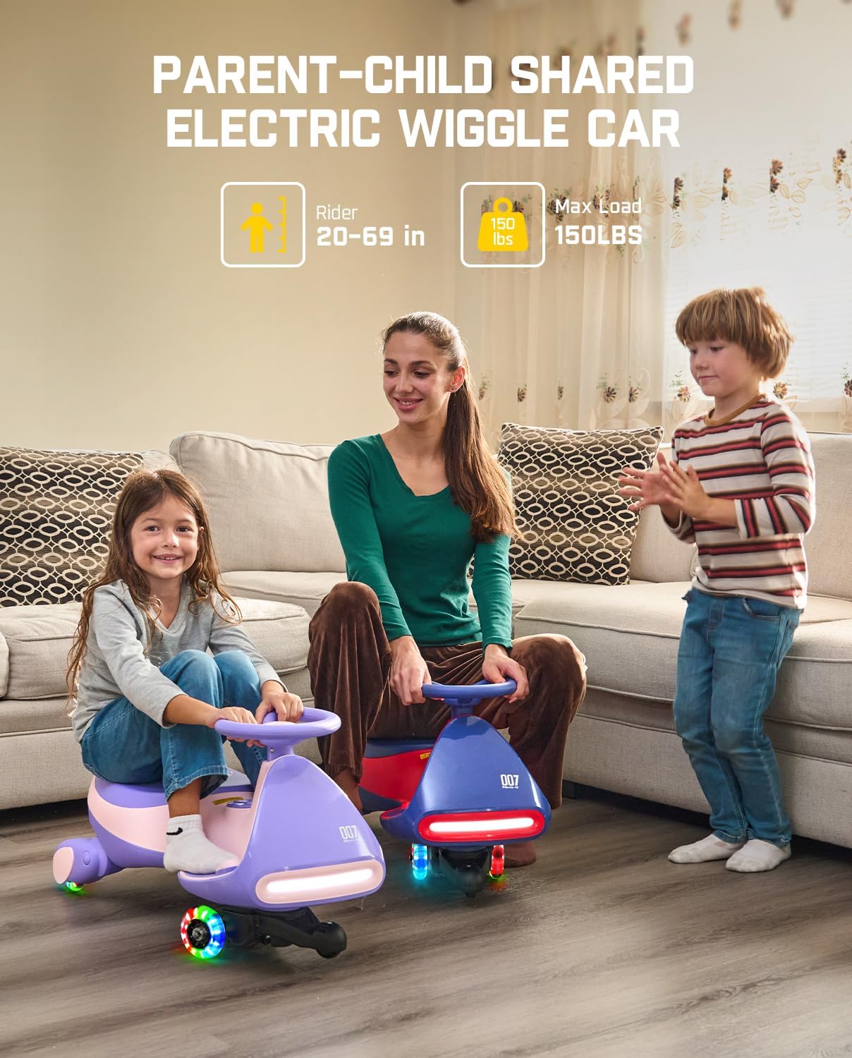 N7 Classic Electric Wiggle Car with Pedal, Rechargeable Battery, Ride on Toys, Swing Car, 2 Speeds, Anti-Rollover, Flashing Light Wheels, Bluetooth, for Ages 3 and Up, 150 Lbs, Pink