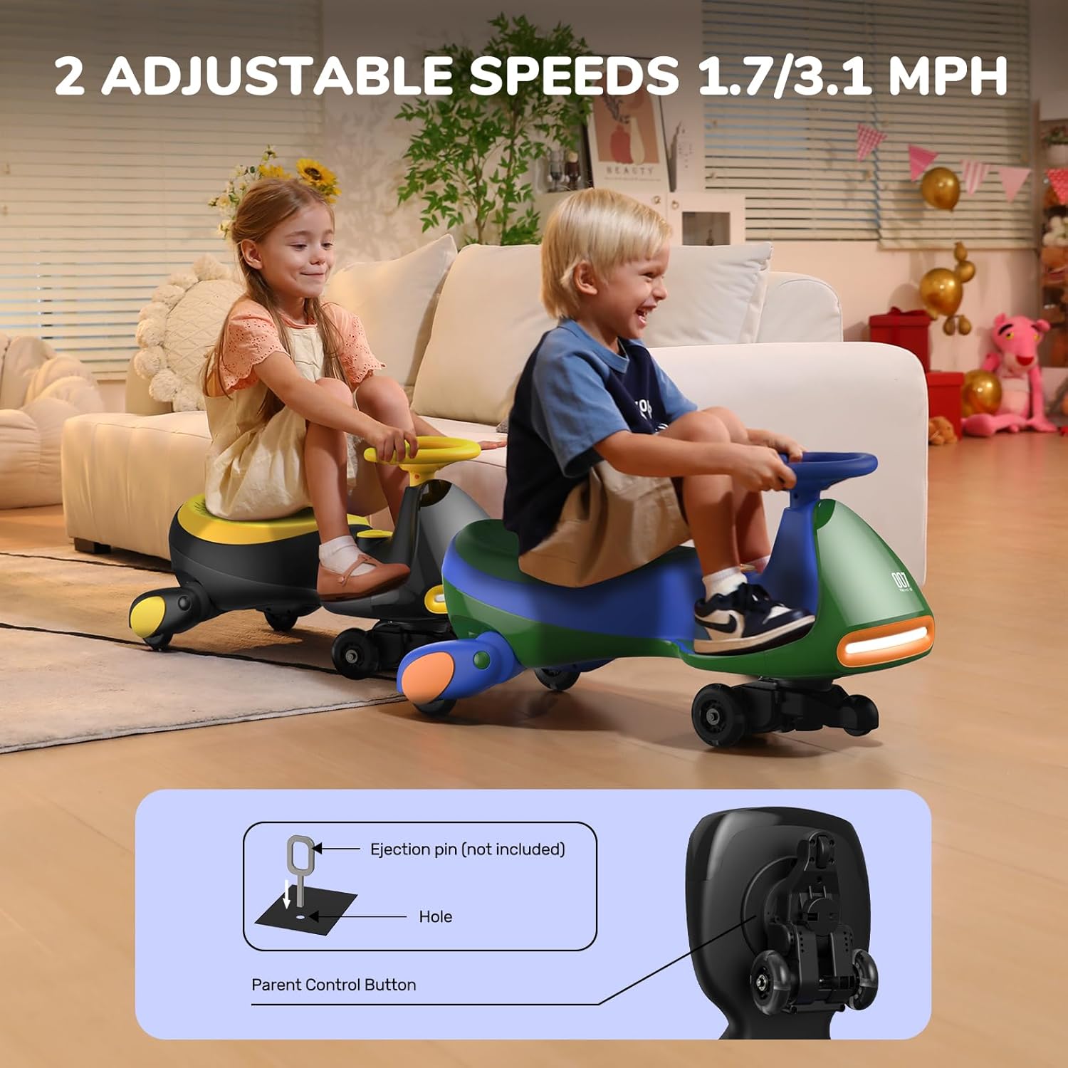 N7 Classic Electric Wiggle Car with Pedal, Rechargeable Battery, Ride on Toys, Swing Car, 2 Speeds, Anti-Rollover, Flashing Light Wheels, Bluetooth, for Ages 3 and Up, 150 Lbs, Pink
