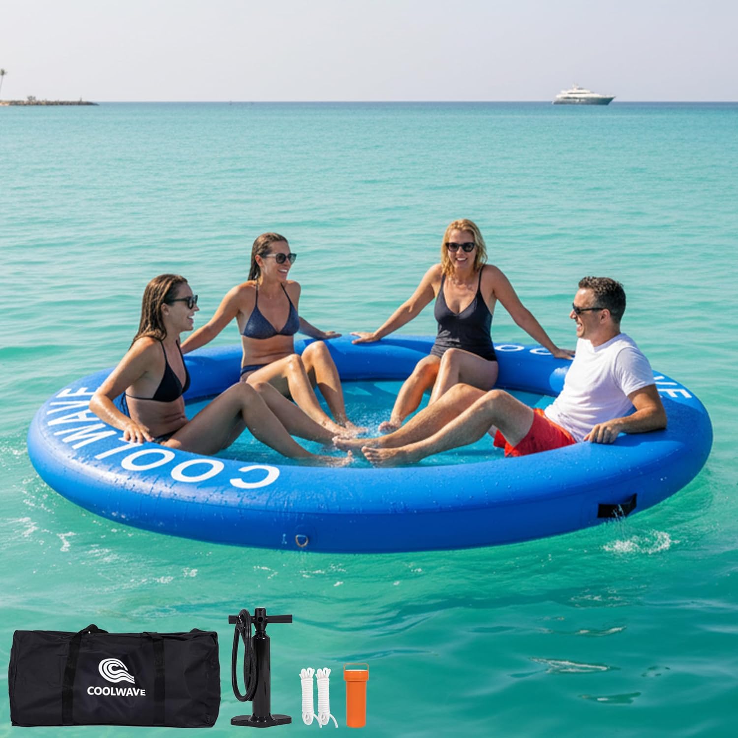 COOLWAVE Inflatable Water Hammock Floating Dock, Inflatable Raft for Family and Friends, Round Floating Ring for Parties, Water Float with Cup Holders for Pool and Lake, Fits Multiple People