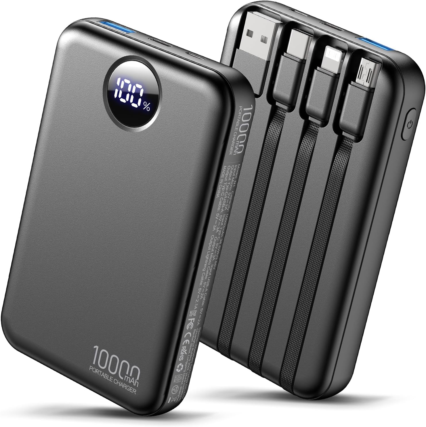 Portable Charger 10000mAh Power Bank with 4 Built-in Cables,LED Display Compact and Battery Pack with Multiple USB Ports All-in-One Travel Charger for iPhone,Android and Other Devices-Black