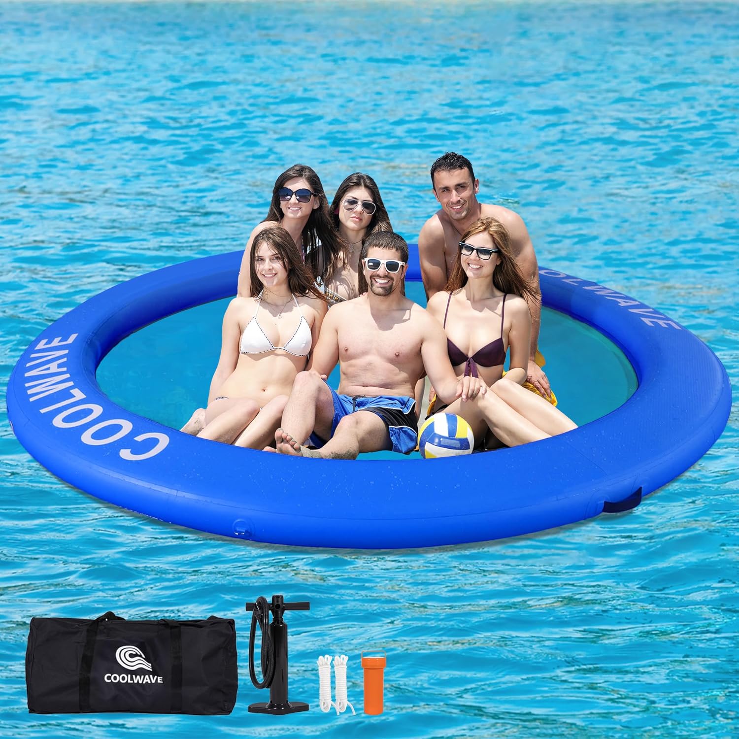 COOLWAVE Inflatable Water Hammock Floating Dock, Inflatable Raft for Family and Friends, Round Floating Ring for Parties, Water Float with Cup Holders for Pool and Lake, Fits Multiple People