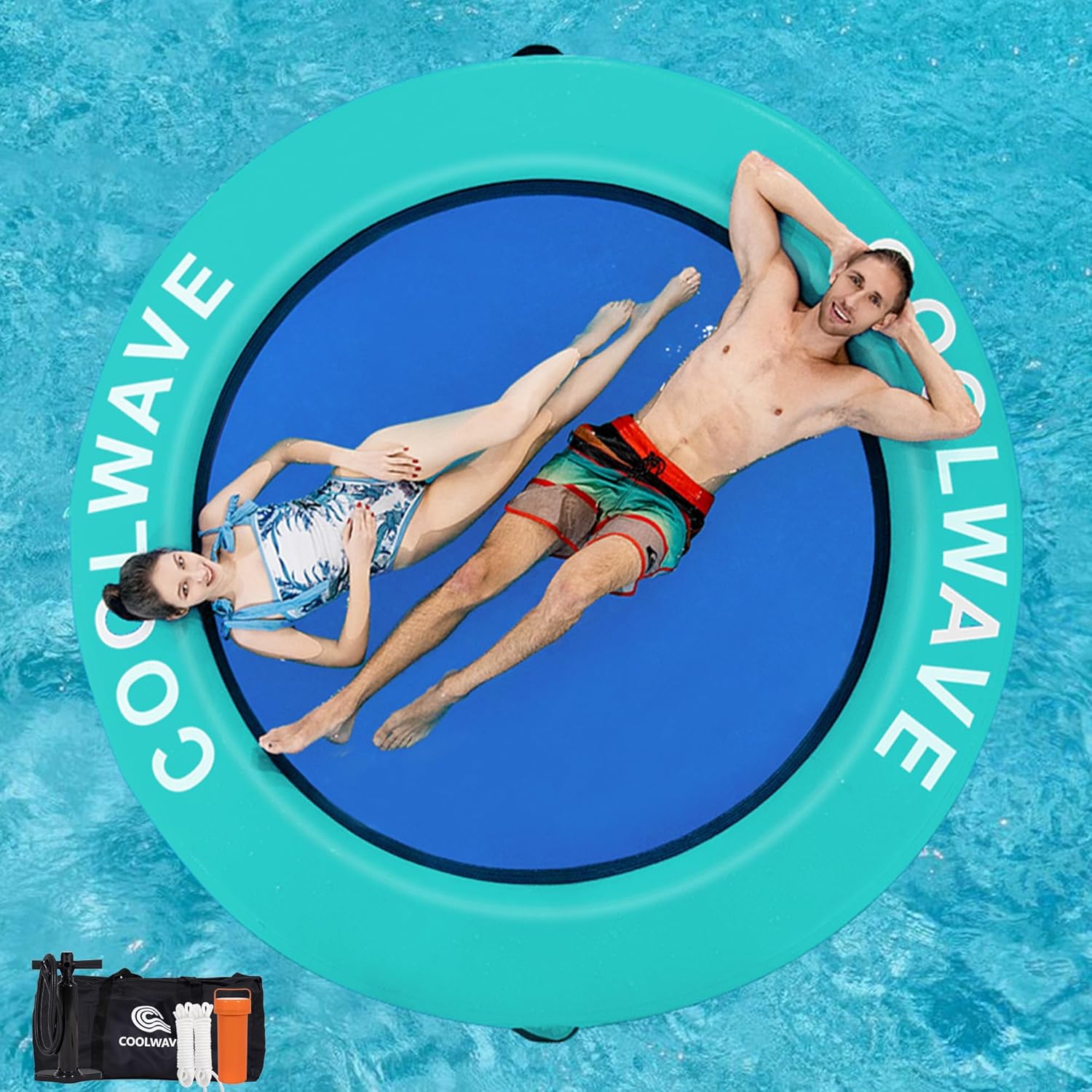 COOLWAVE Inflatable Water Hammock Floating Dock, Inflatable Raft for Family and Friends, Round Floating Ring for Parties, Water Float with Cup Holders for Pool and Lake, Fits Multiple People