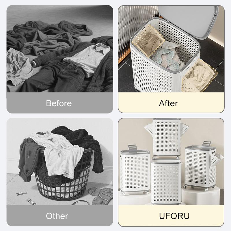 Laundry Basket with Wheels, White & Gray, Ventilated & Odor-Resistant