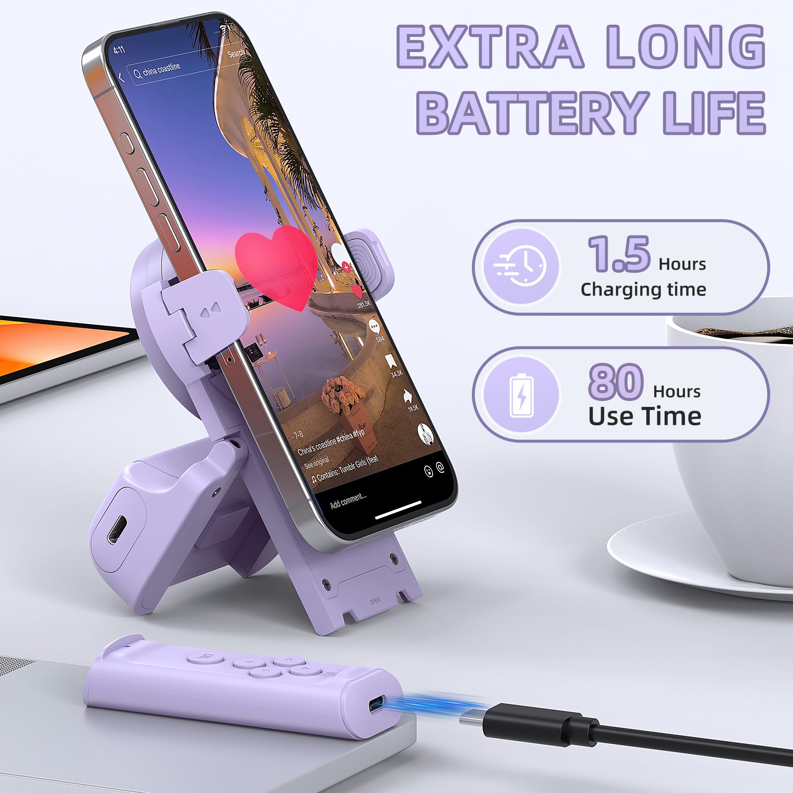 Remote Control Scrolling for Tiktok with Phone Stand,Page Turner for Kindle App E-Book,Bluetooth Camera Shutter Remote for iPhone, Android,iOS,iPad,Tablet (Purple)