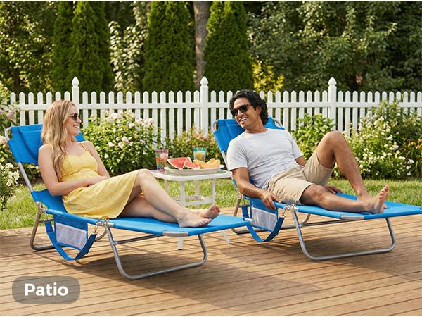 Folding Adjustable Chaise Lounge Chair, Portable Beach Lounge Chair with Backpack Straps & Side Pocket for Outside, Patio, Poolside, Lawn