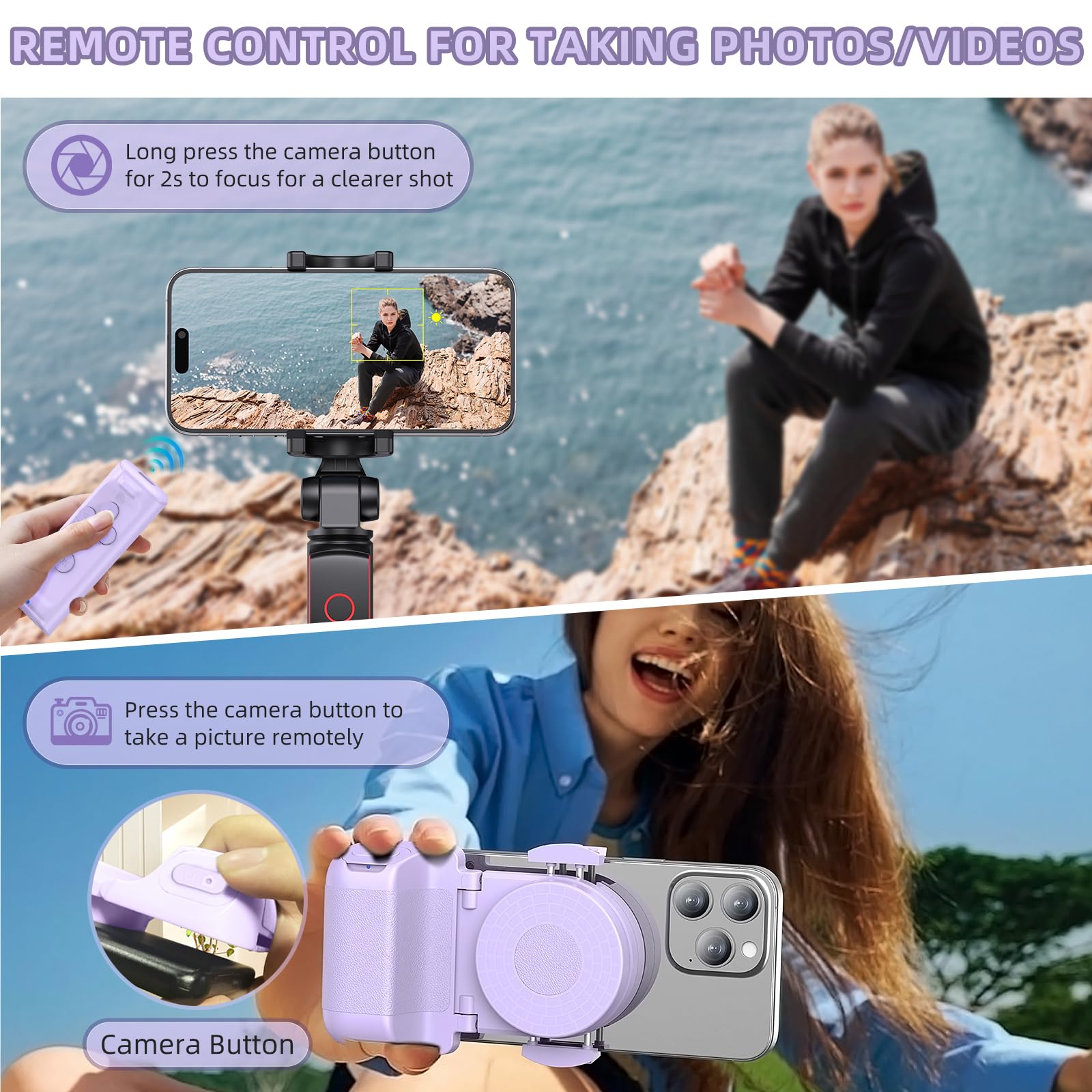 Remote Control Scrolling for Tiktok with Phone Stand,Page Turner for Kindle App E-Book,Bluetooth Camera Shutter Remote for iPhone, Android,iOS,iPad,Tablet (Purple)