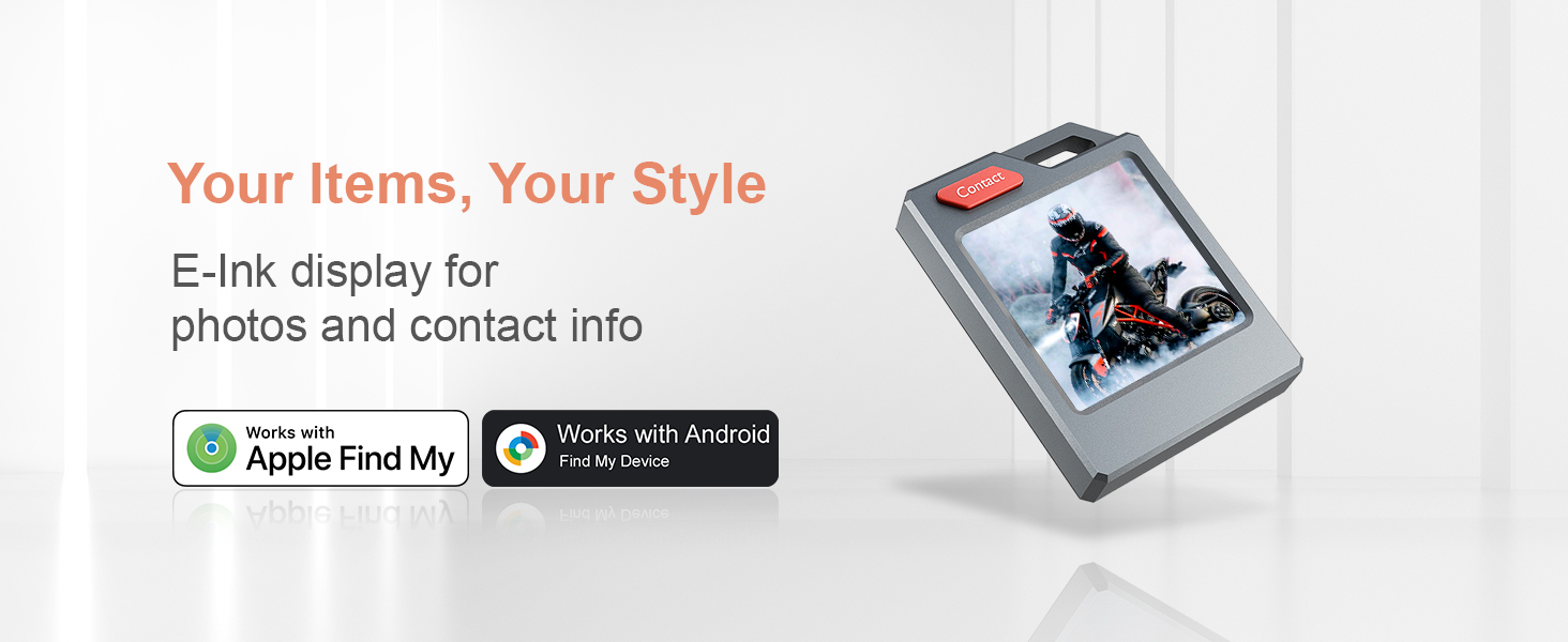 A PhotoTag air tracker with a color E-Ink display, compatible with iOS and Android.