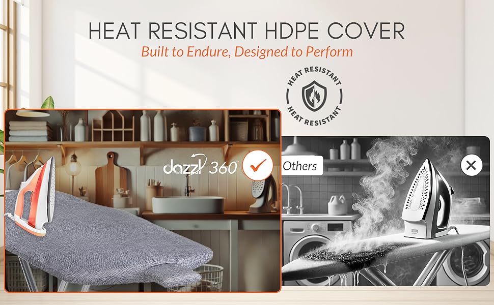 Dazzl 360 ironing board with heat-resistant HDPE cover, compared to damaged regular board