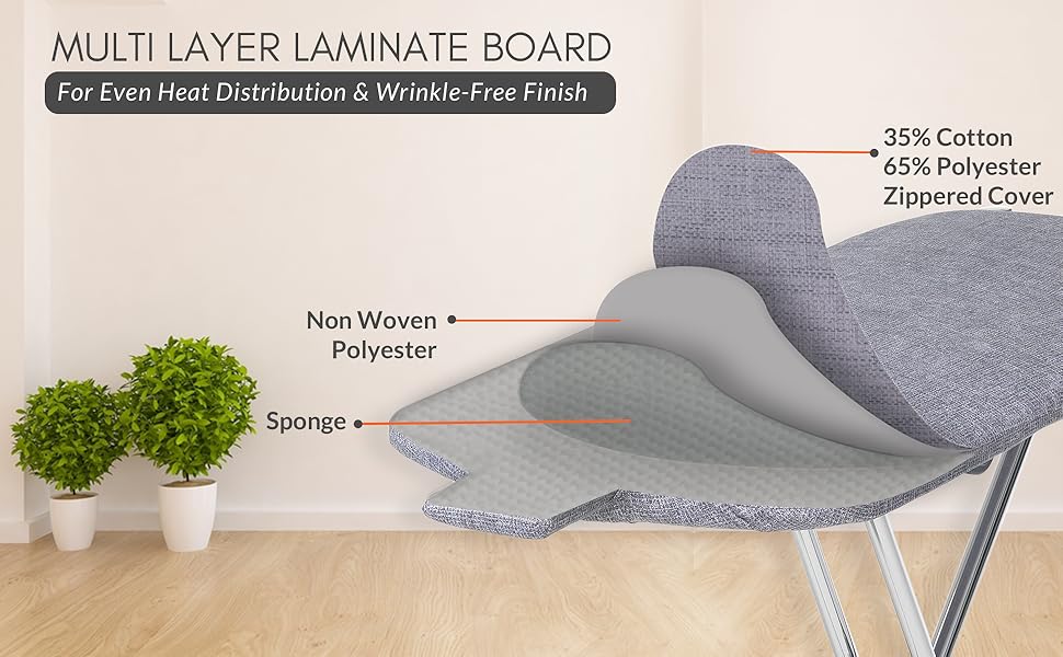 Dazzl 360 ironing board with multi-layer laminate board for even heat and wrinkle-free finish